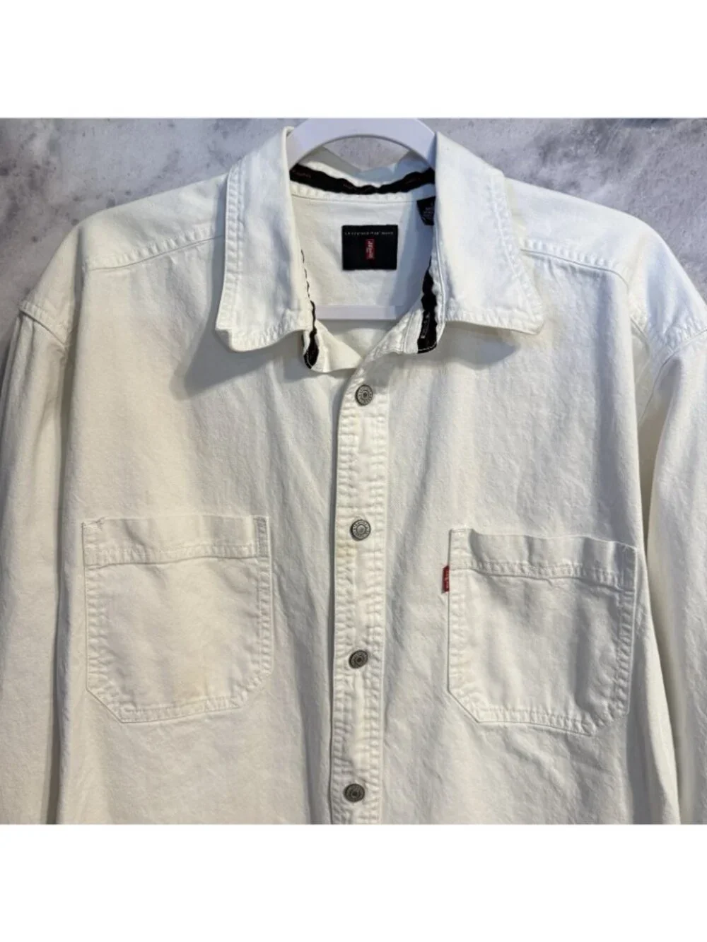 VTG 1990s Levis Red Tab Jeans Denim Button Down Shirt Mens L White Heavyweight